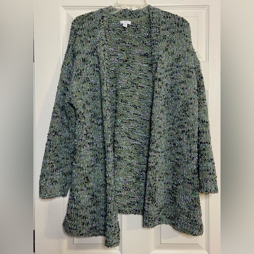 J Jill Womens Size PL Petite Duster Cardigan Long Open Green Navy